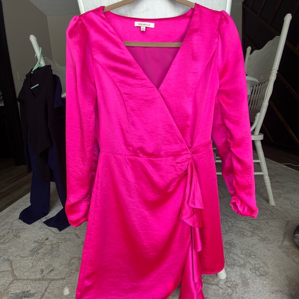 Hot pink wrap long sleeve satin dress